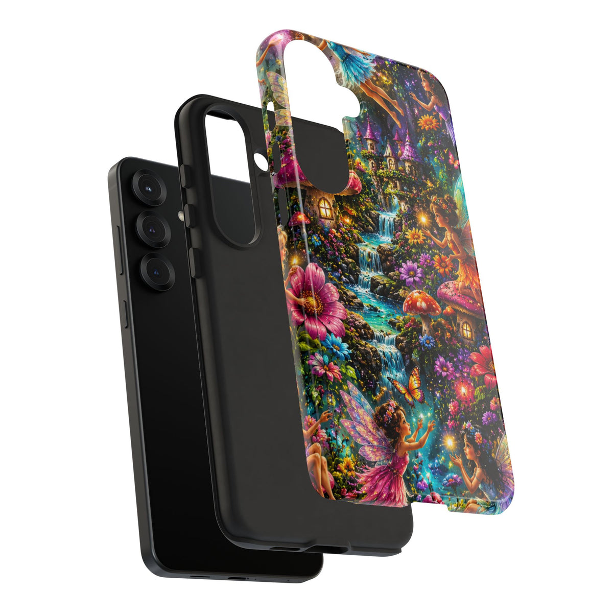Fairy Garden Tough Phone Case — Whimsical Cottage, Waterfall & Mushroom Artwork