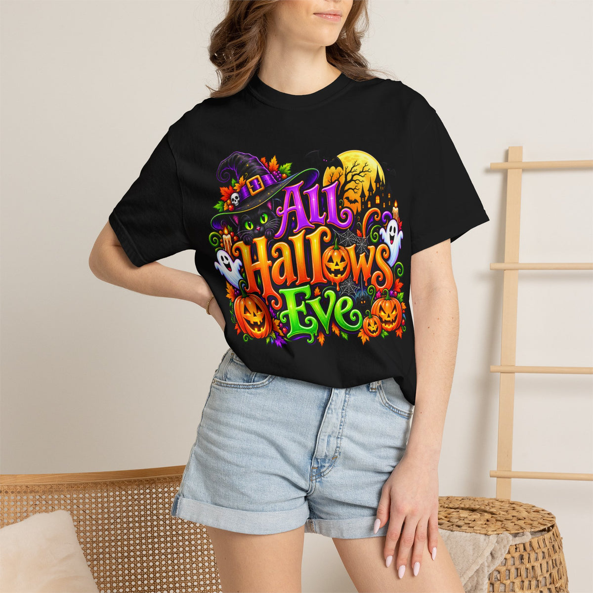 All Hallows Eve Halloween T-Shirt — Colorful Witch, Pumpkins & Ghosts Design