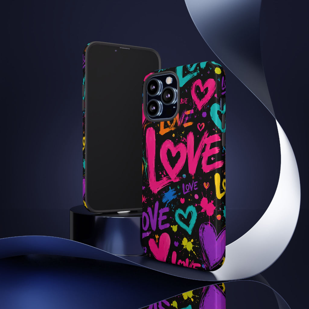 Phone Case — Neon Graffiti "Love" Hearts Protective Tough Case