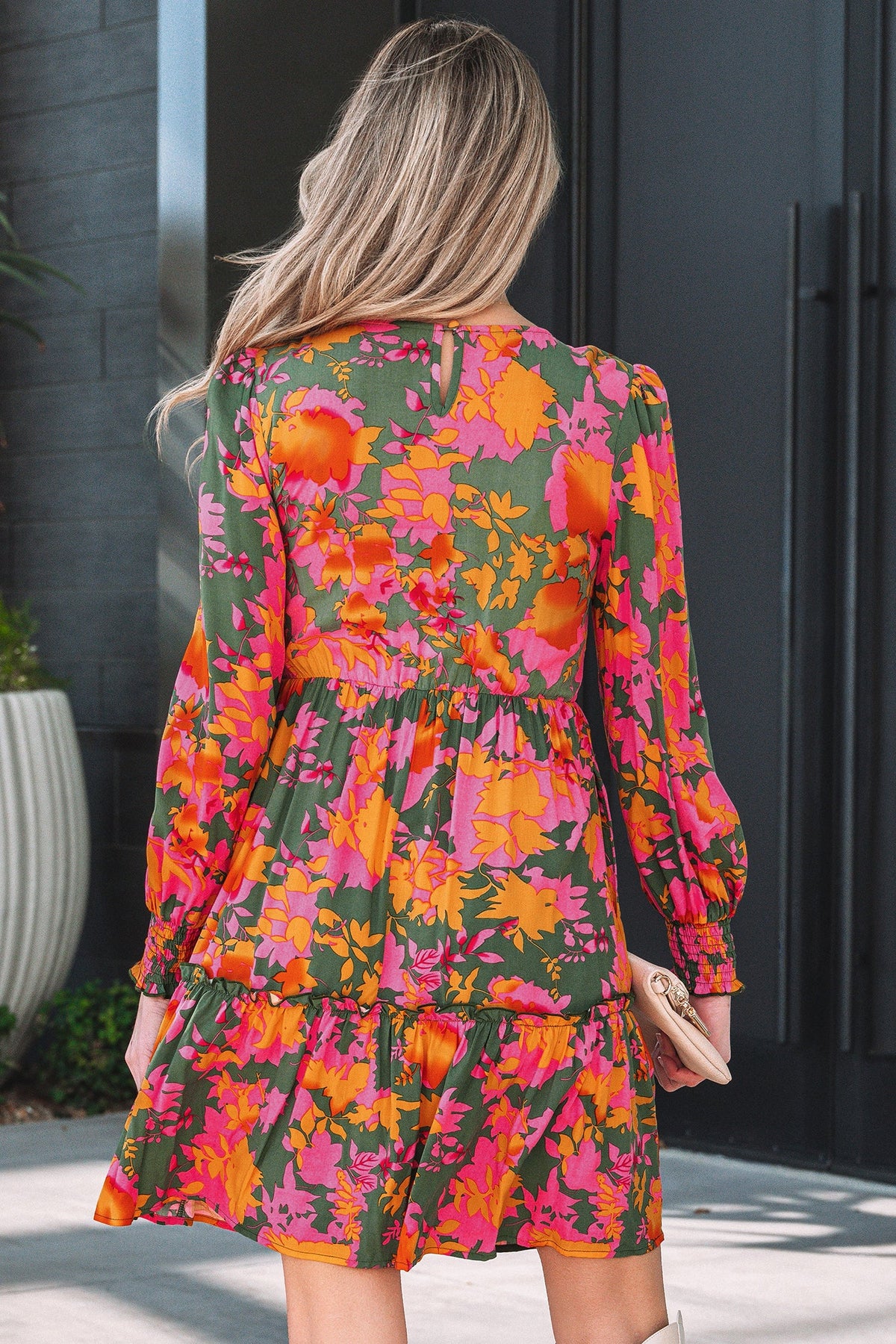 Floral Smocked Ruffle Hem Long Sleeve Mini Dress