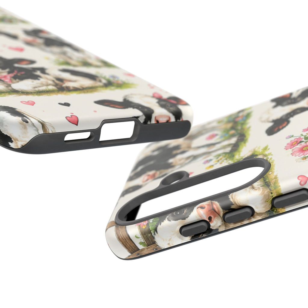 Cute Calf Pattern Phone Case – Pastel Cow Hearts & Flowers Protective Cover
