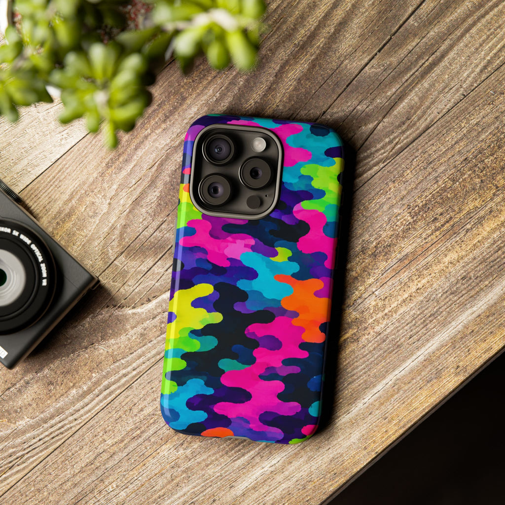 Neon Camo Tough Phone Case — Bright Rainbow Protective iPhone Cover