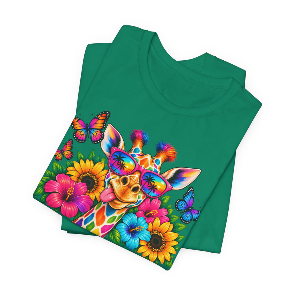 Giraffe Floral Tee — Colorful Butterfly & Sunflower Graphic T-Shirt