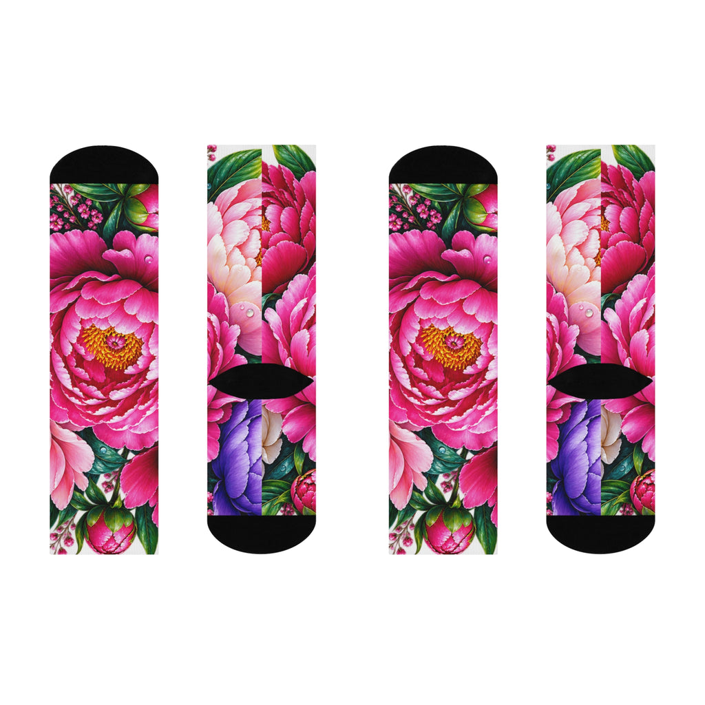 Pink Peony Floral Crew Socks — Cushioned Botanical Comfort