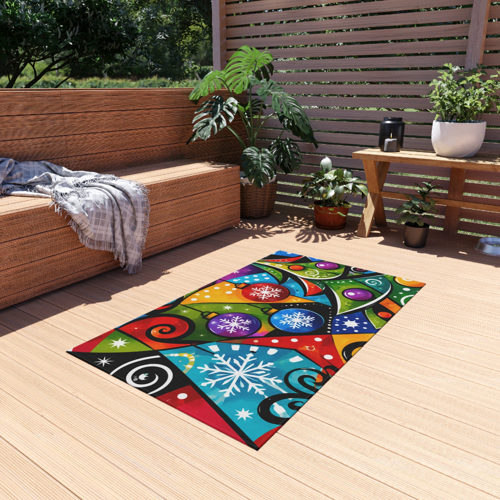 Festive Christmas Outdoor Rug — Colorful Holiday Tree & Ornaments Doormat