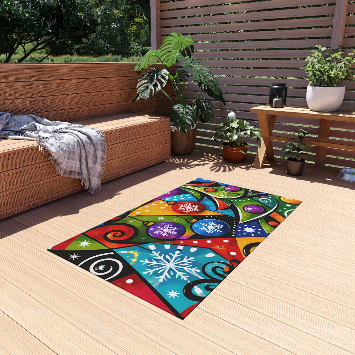 Festive Christmas Outdoor Rug — Colorful Holiday Tree & Ornaments Doormat