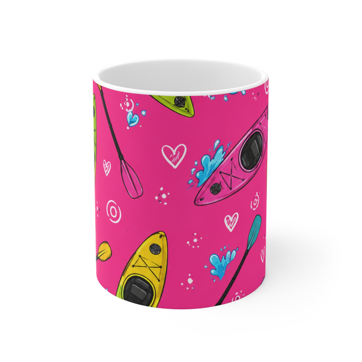 Kayak Pattern 11oz Mug — Bright Pink Boating Design