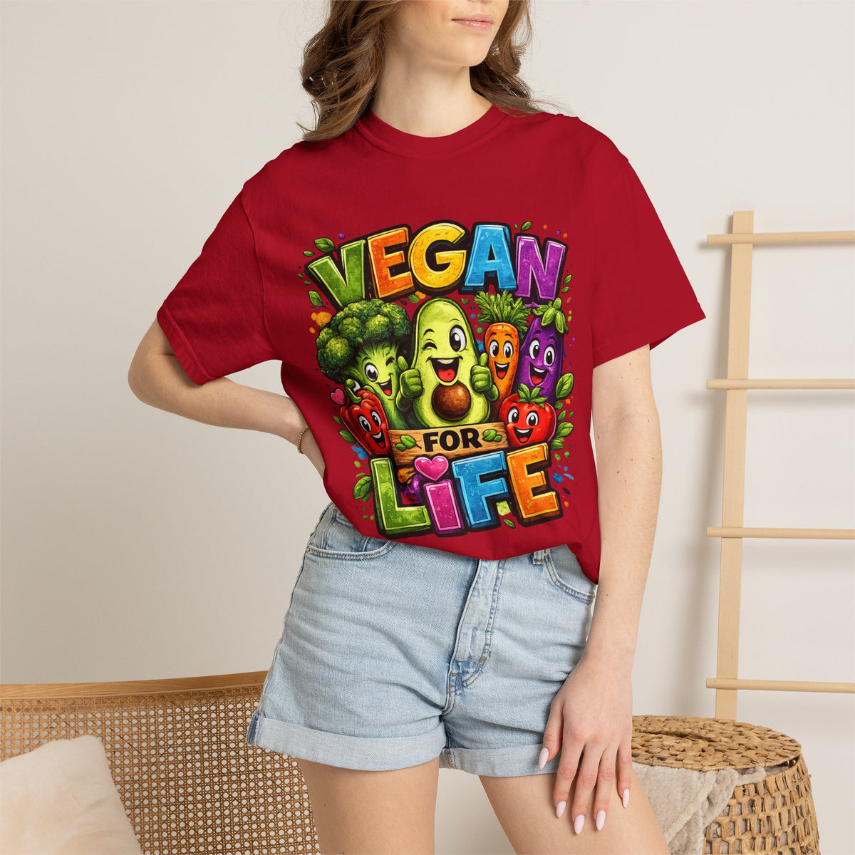 Vegan for Life T-Shirt | Colorful Cartoon Veggies Tee
