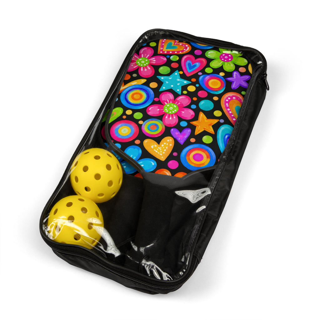 Colorful Hearts & Flowers Pickleball Paddles Set — Neon Retro Pickleball Kit with 2 Balls