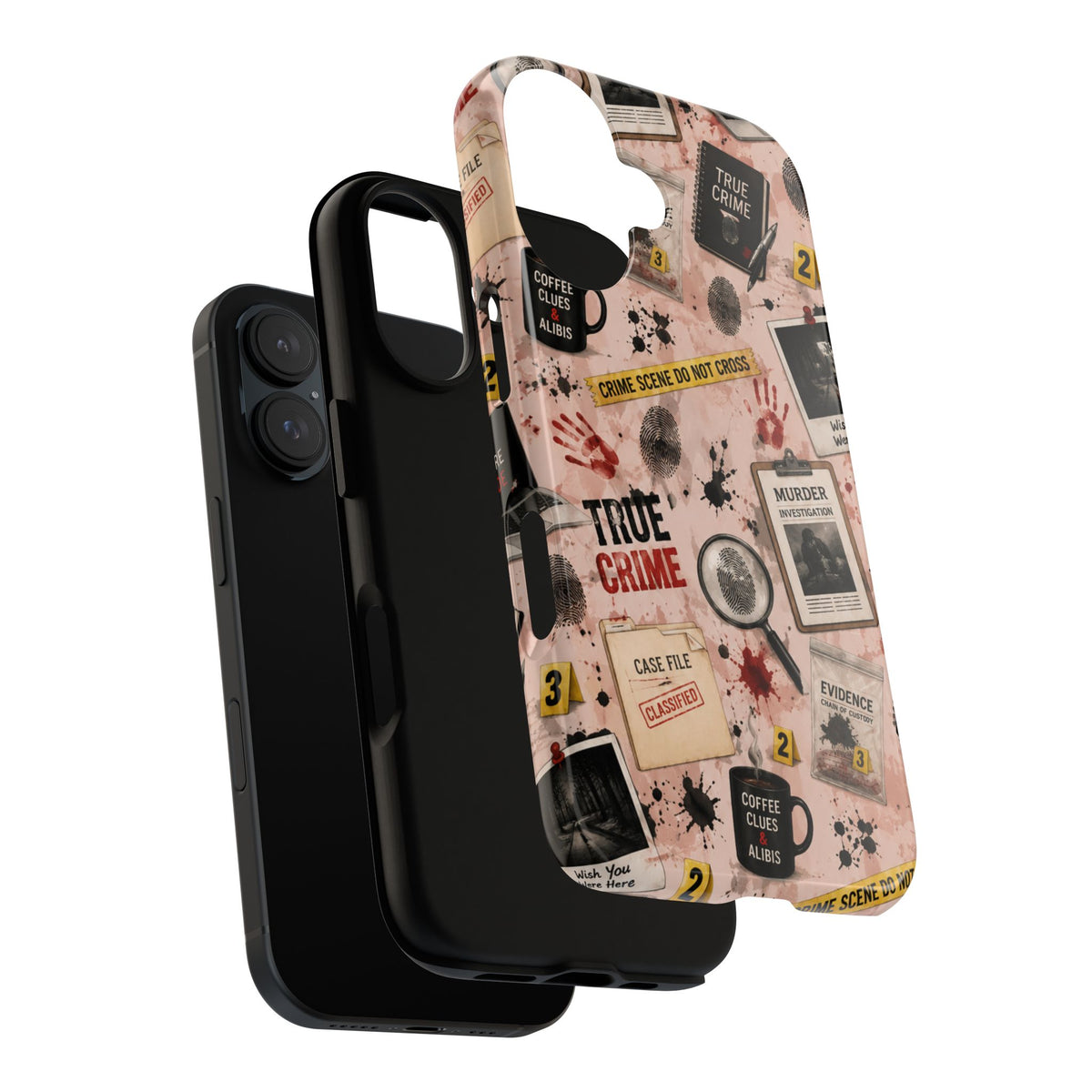 True Crime Pattern Phone Case – Detective Evidence, Crime Scene Tape & 'True Crime' Design