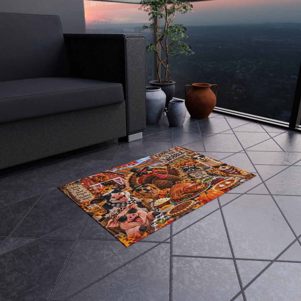 Thanksgiving Pets Outdoor Rug — "Gobble 'Til You Wobble" Festive Turkey & Farm Animals Porch Mat