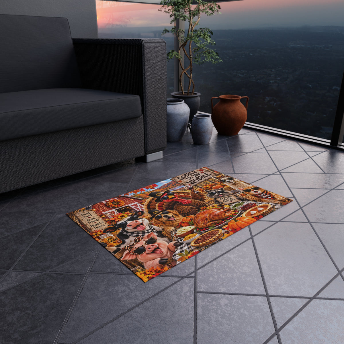 Thanksgiving Pets Outdoor Rug — "Gobble 'Til You Wobble" Festive Turkey & Farm Animals Porch Mat