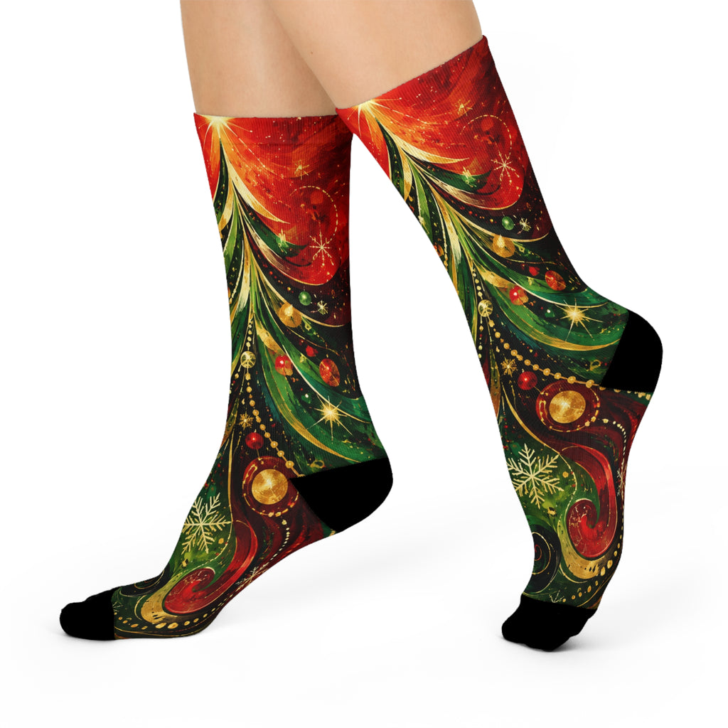 Christmas Tree Crew Socks — Festive Red & Green Holiday Cushion Crew