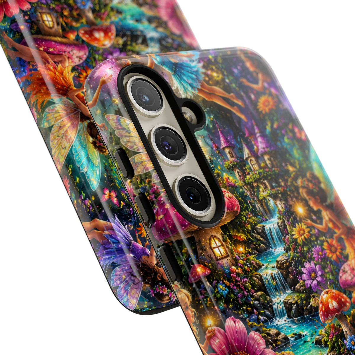 Fairy Garden Tough Phone Case — Whimsical Cottage, Waterfall & Mushroom Artwork
