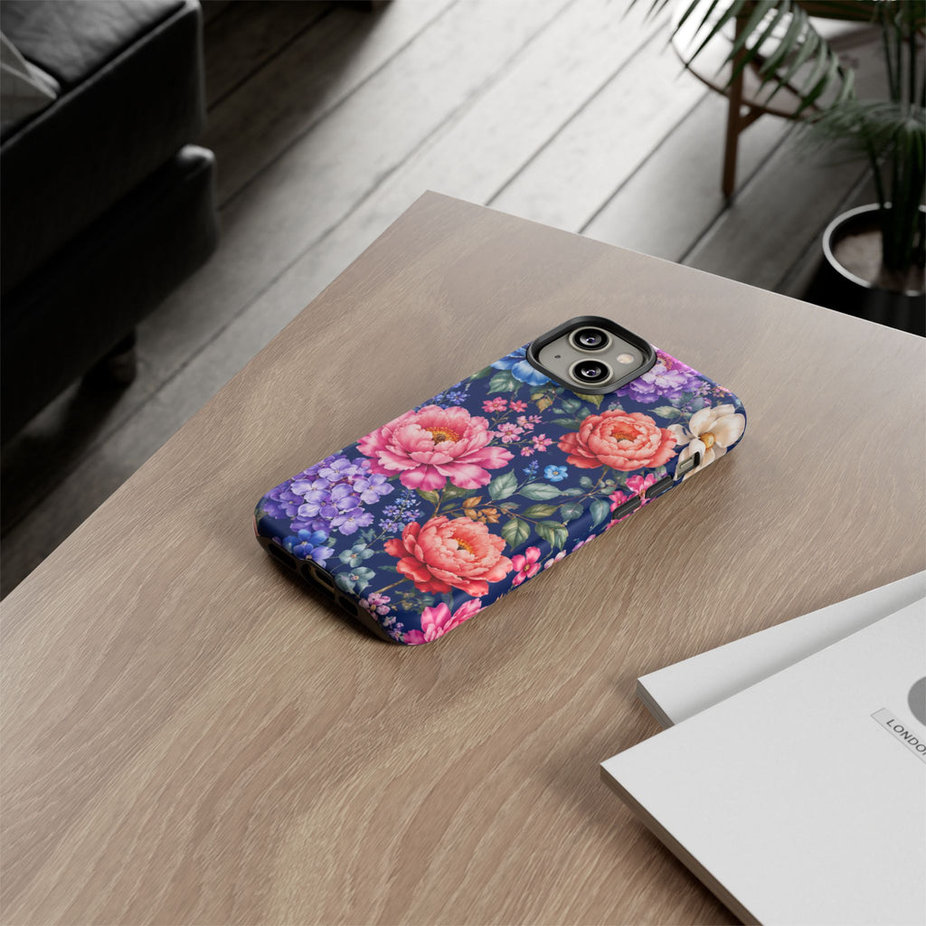 Floral Tough Phone Case – Vibrant Garden Flowers on Navy