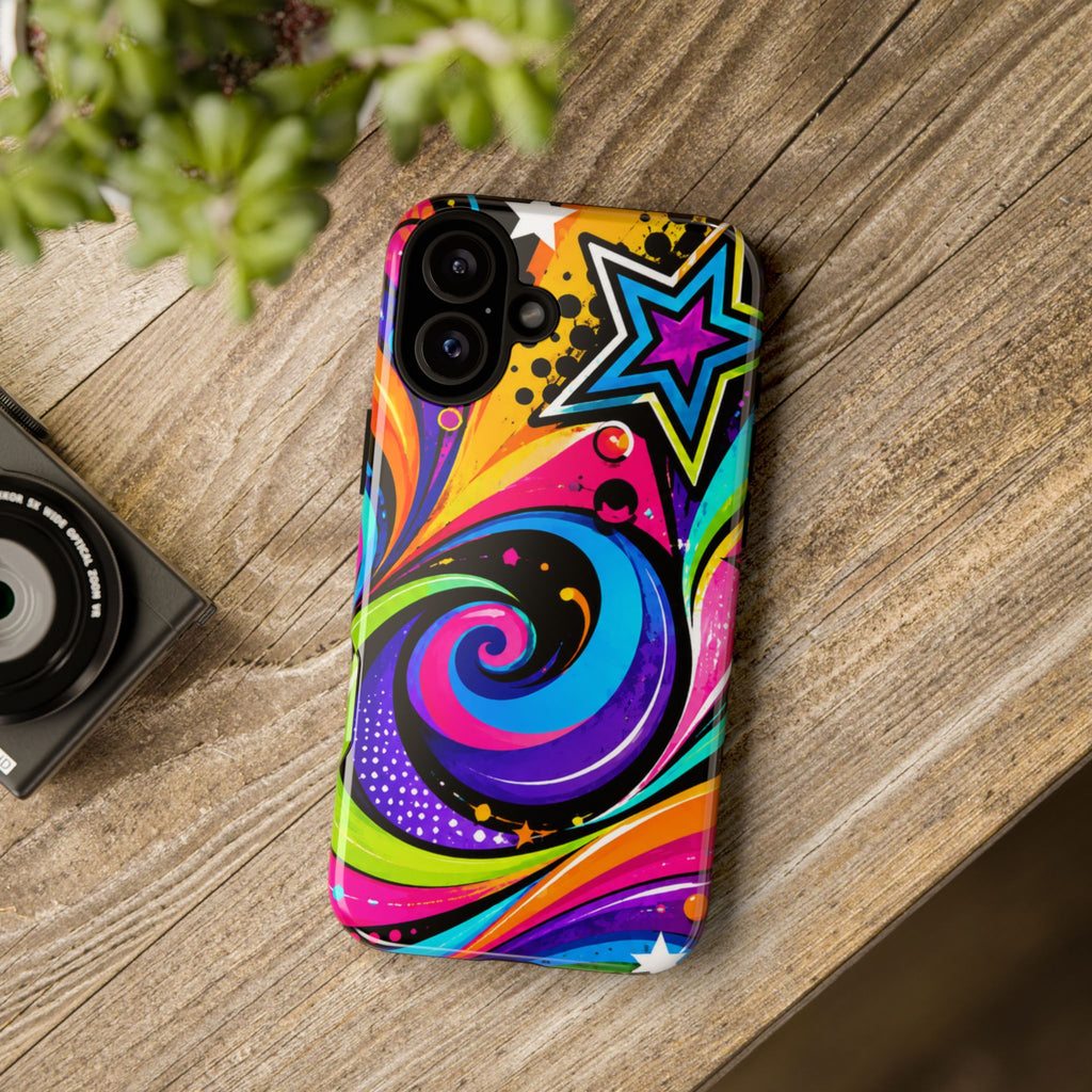 Psychedelic Swirl Phone Case — Bold Retro Stars & Neon Pop Art Tough Case