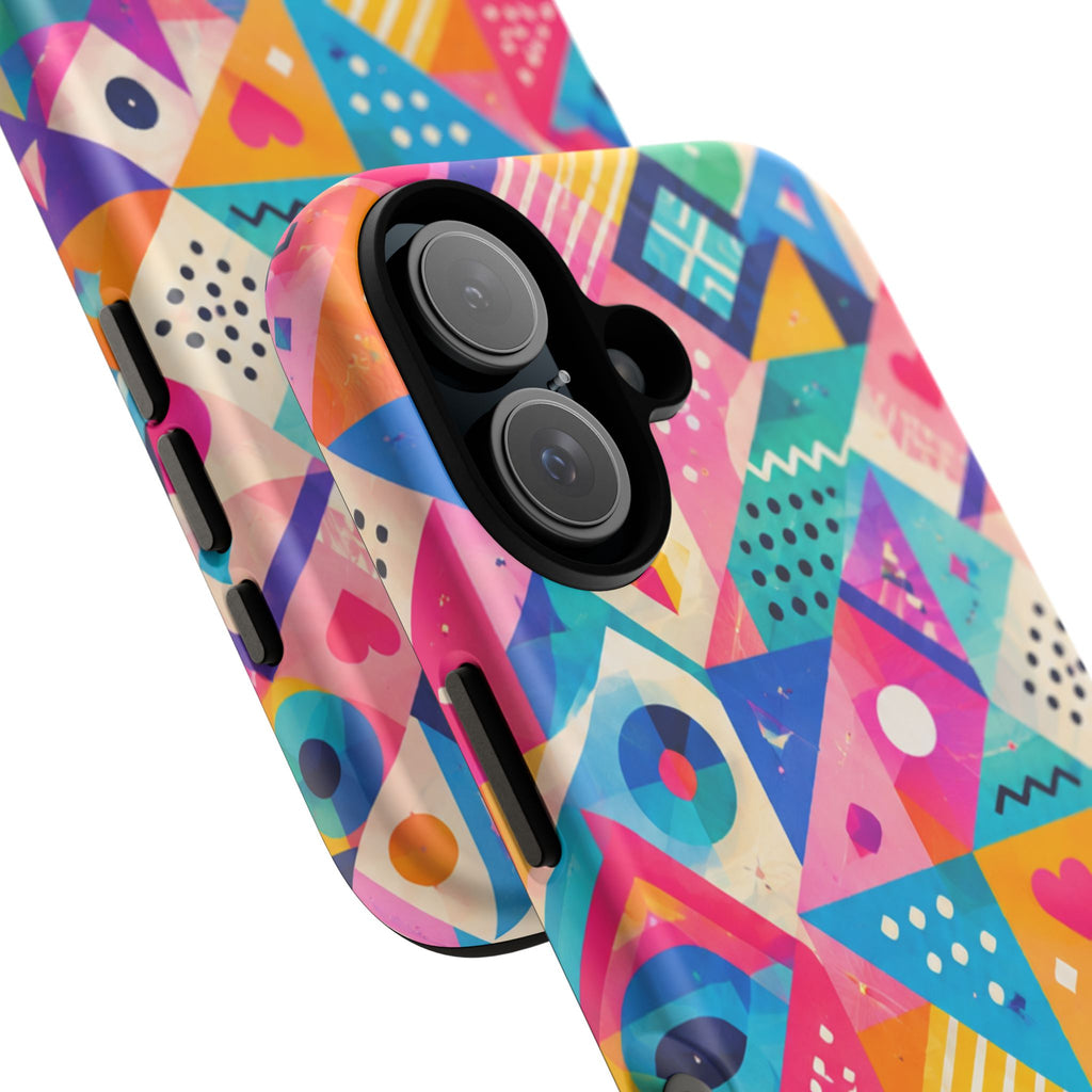 Colorful Geometric Tough Phone Case — Bright Abstract Heart & Triangle Pattern