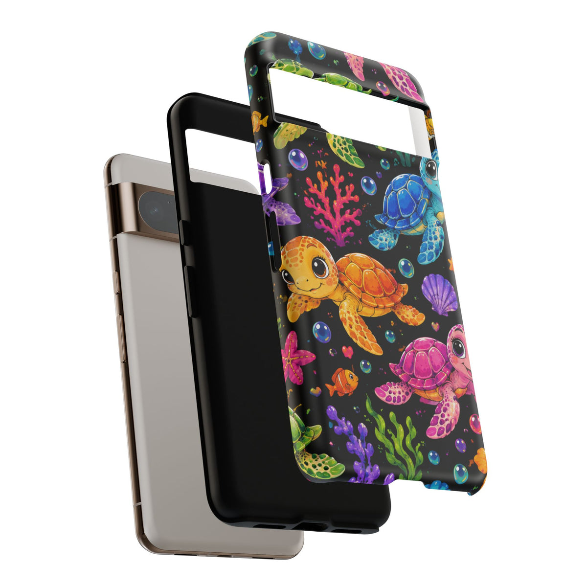 Phone Case — Colorful Cute Sea Turtles on Black (Protective Smartphone Cover)