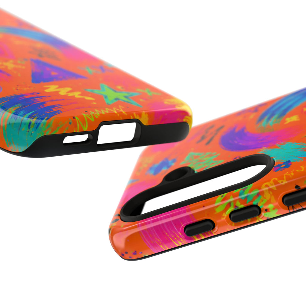 Colorful Neon Doodle Phone Case — Bright Abstract Stars & Hearts Tough Case