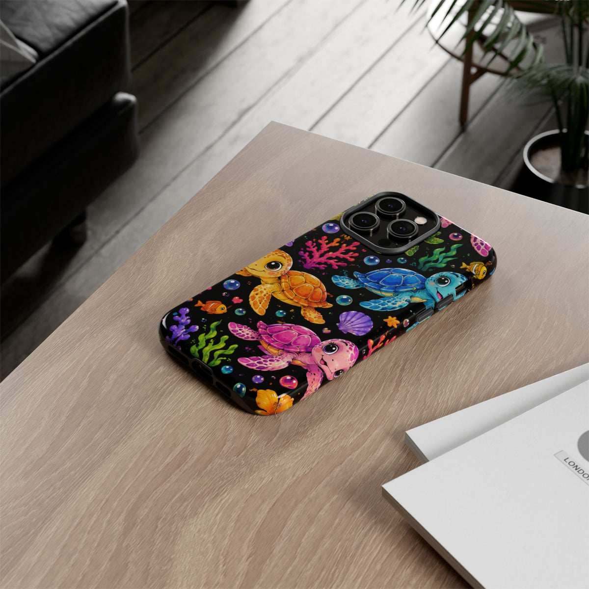 Phone Case — Colorful Cute Sea Turtles on Black (Protective Smartphone Cover)