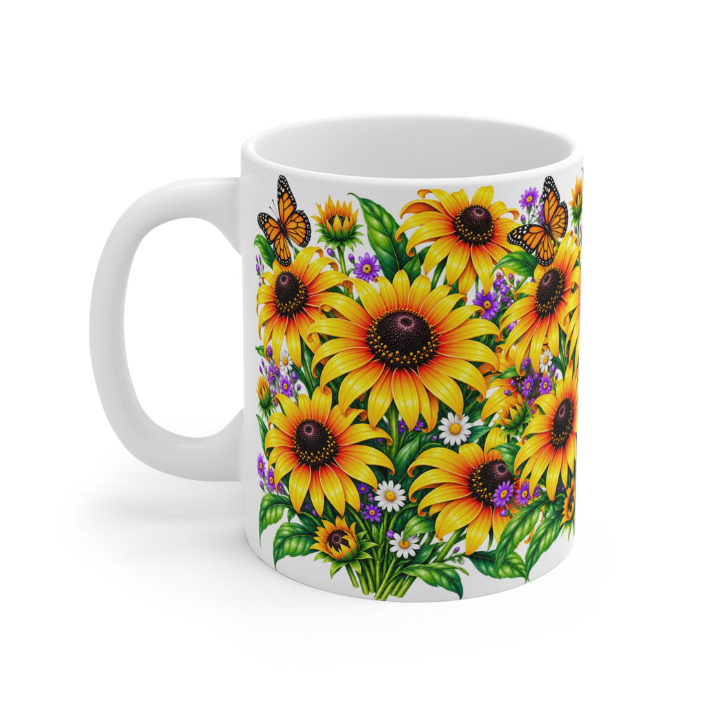 Sunflower Bouquet Mug — Bright Floral Coffee Cup with Butterflies