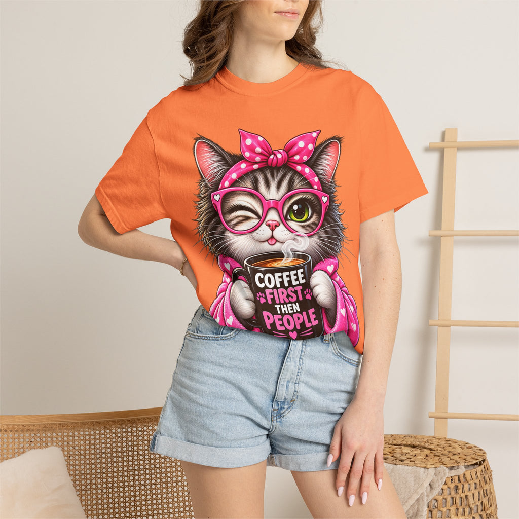 Cat Coffee Tee — "Coffee First Then People" Cute Cat Graphic T-Shirt