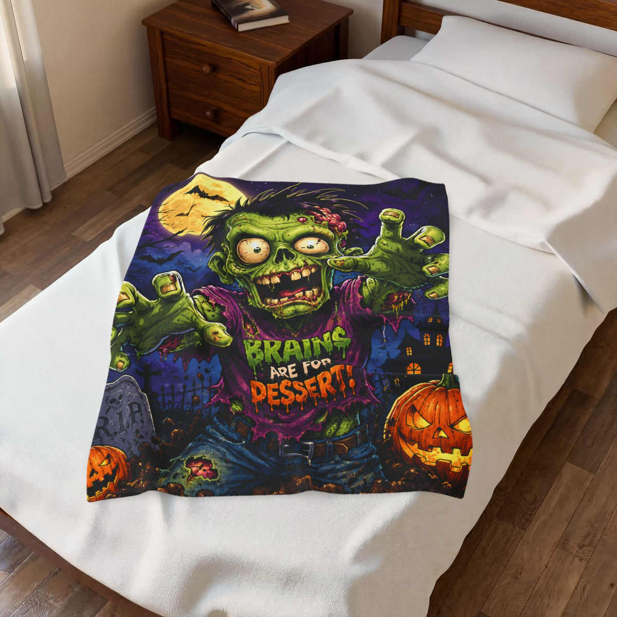Zombie Plush Blanket – "Brains Are For Dessert!" Halloween Velveteen Throw