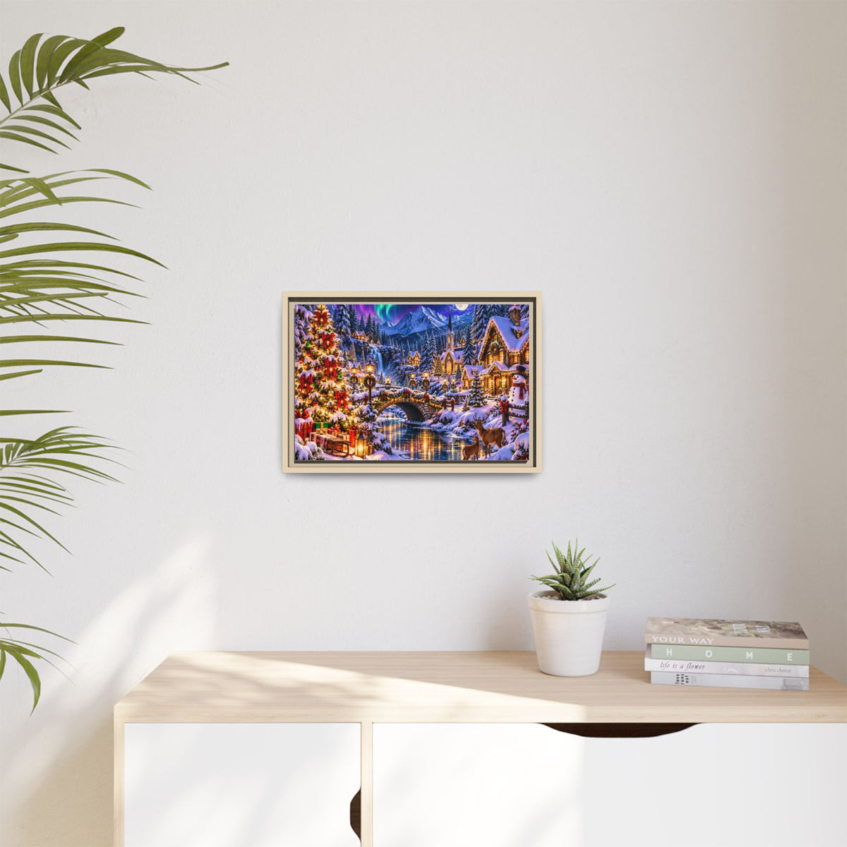 Framed Matte Canvas - Cozy Christmas Village Winter Night Wall Art
