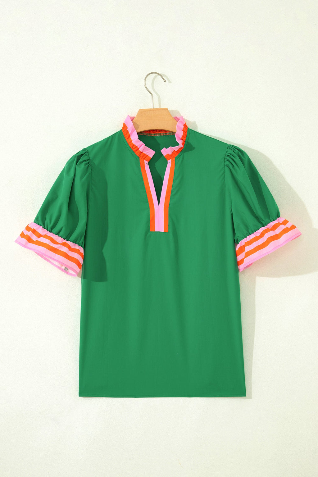 Stripe Frilled Collar Ruffle Short Sleeve Blouse