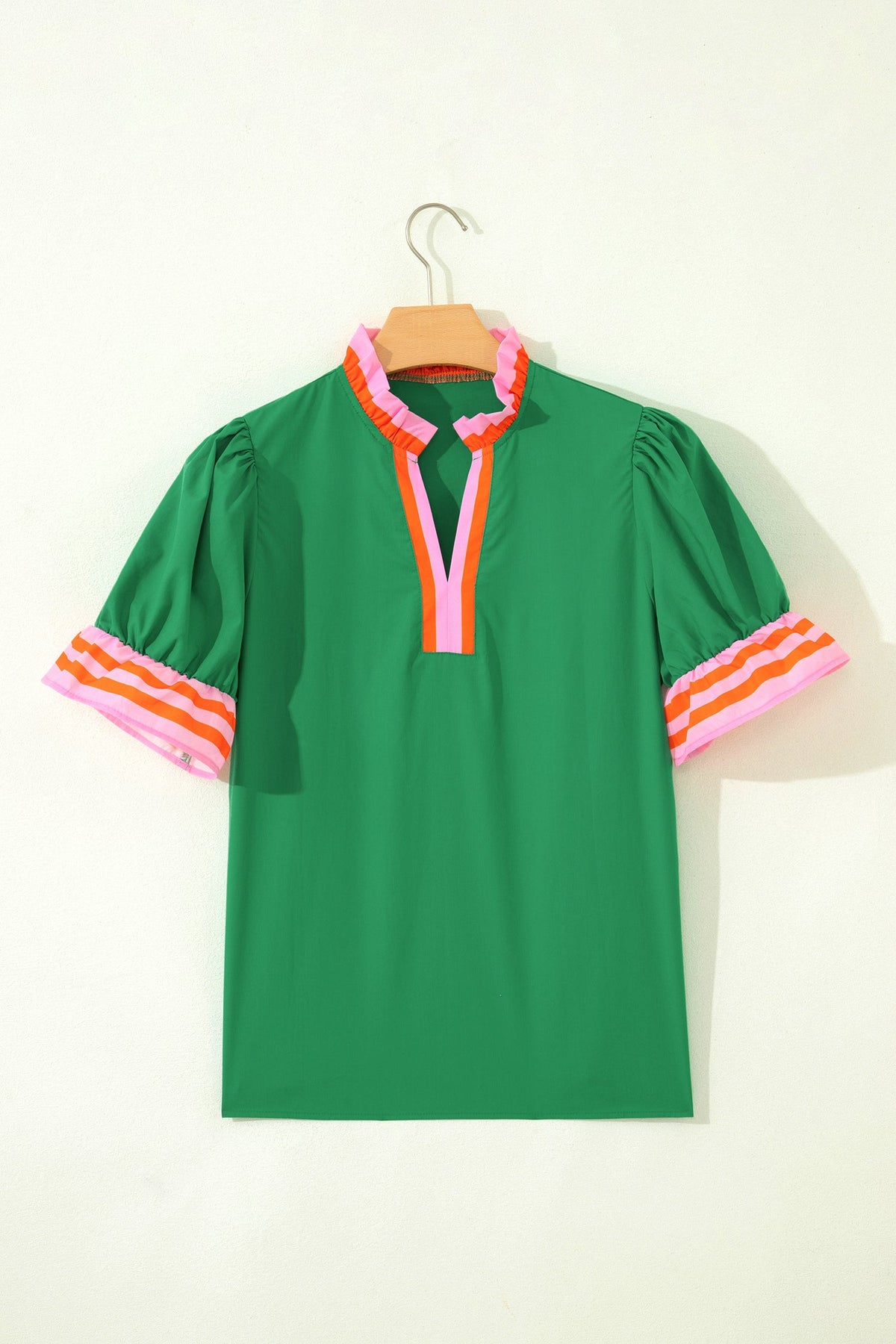 Stripe Frilled Collar Ruffle Short Sleeve Blouse