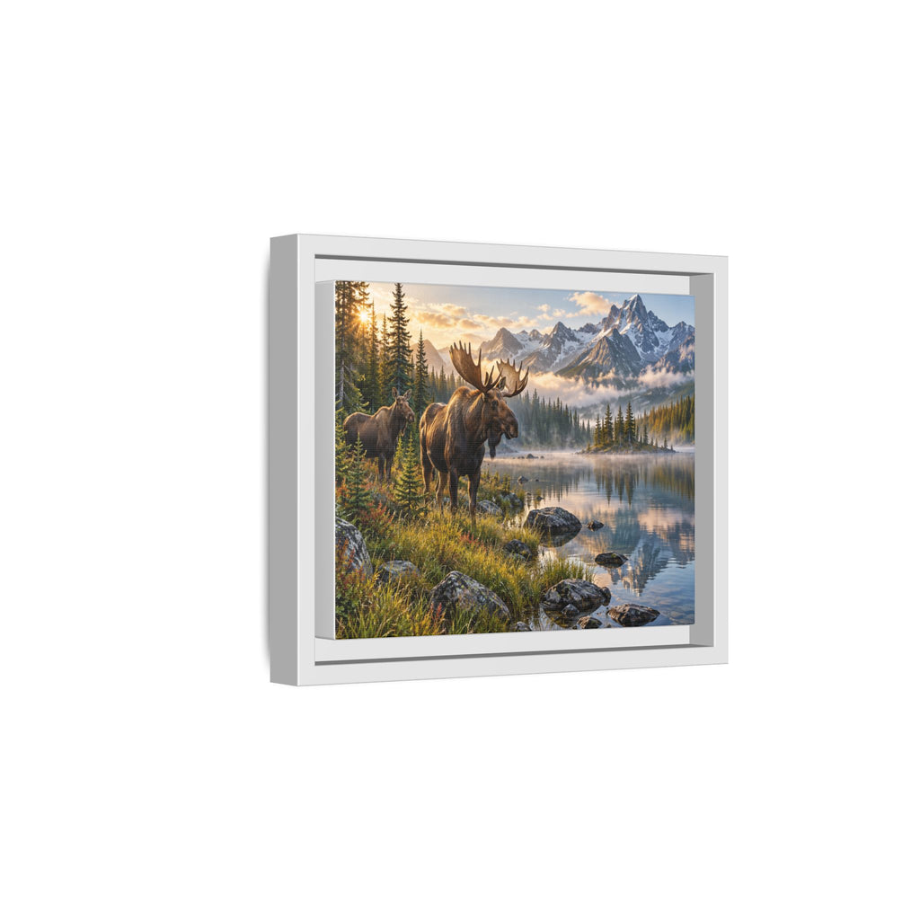 Framed Moose Canvas Wall Art — Mountain Lake Nature Print
