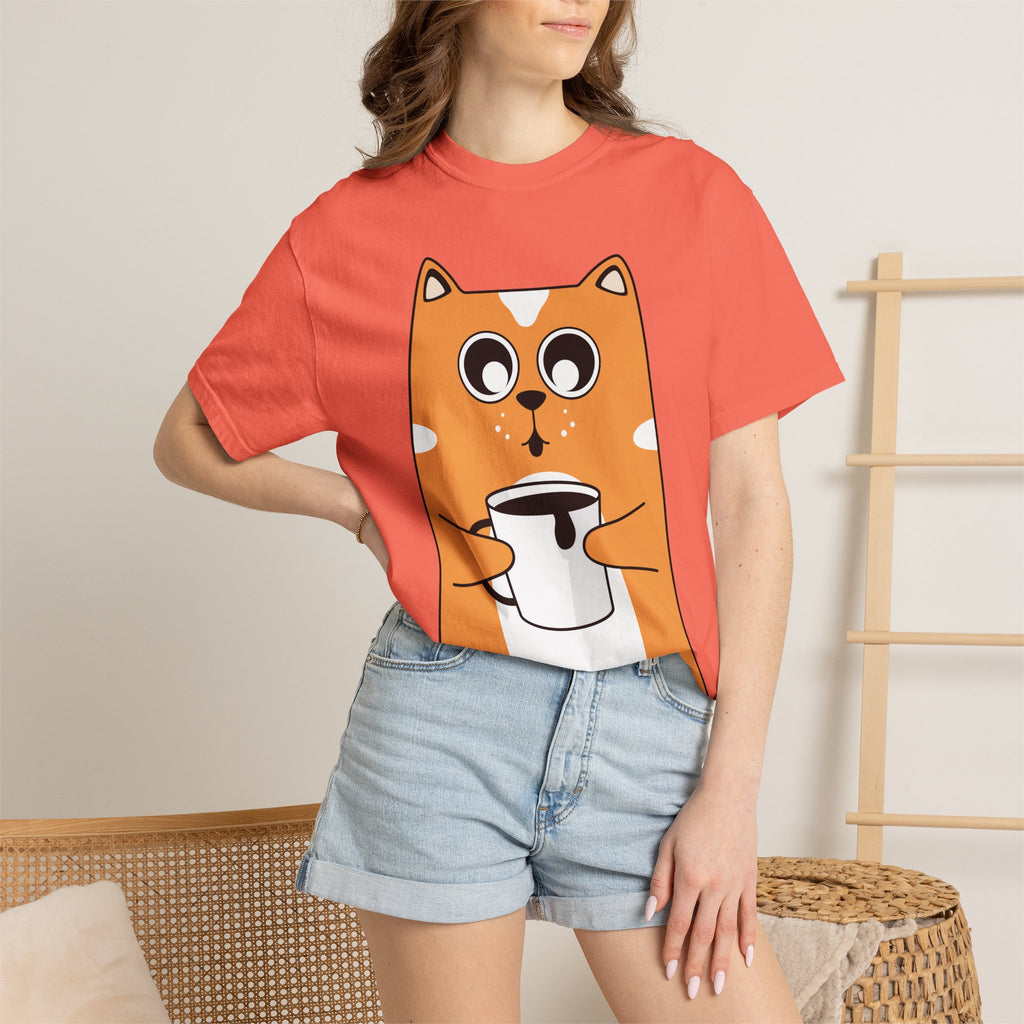 Coffee Cat T-Shirt — Cute Cat Holding Coffee Mug, “My morning doesn’t start until the coffee clocks in” Tee