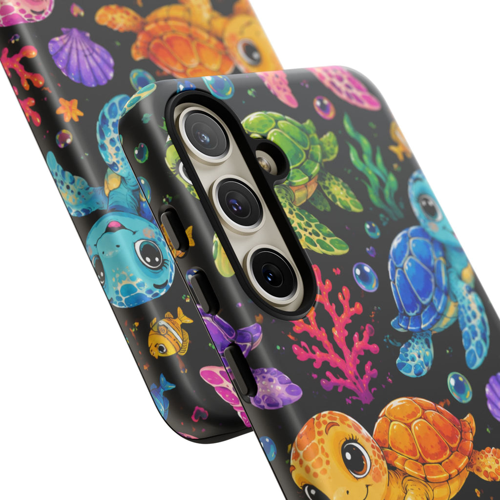 Phone Case — Colorful Cute Sea Turtles on Black (Protective Smartphone Cover)
