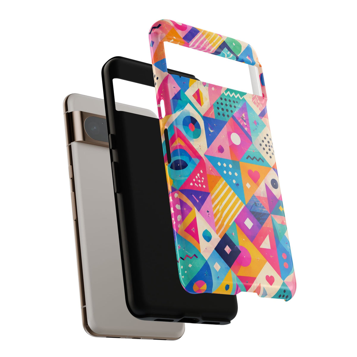 Colorful Geometric Tough Phone Case — Bright Abstract Heart & Triangle Pattern