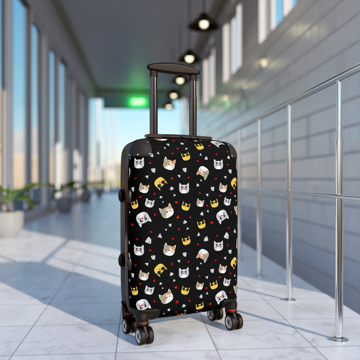 Cat Crown Print Suitcase — Cute Black Travel Luggage with Emoji Cat Pattern