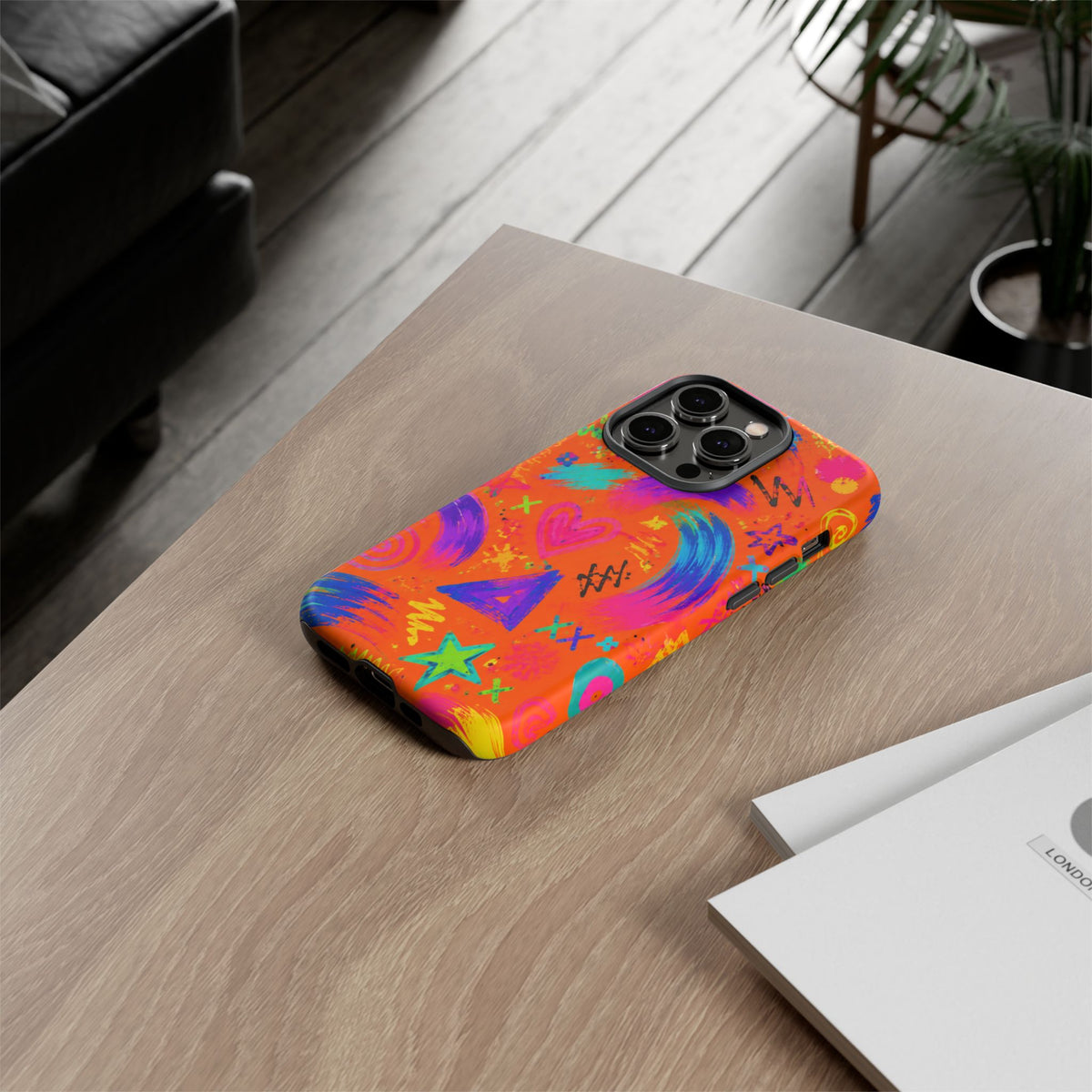 Colorful Neon Doodle Phone Case — Bright Abstract Stars & Hearts Tough Case