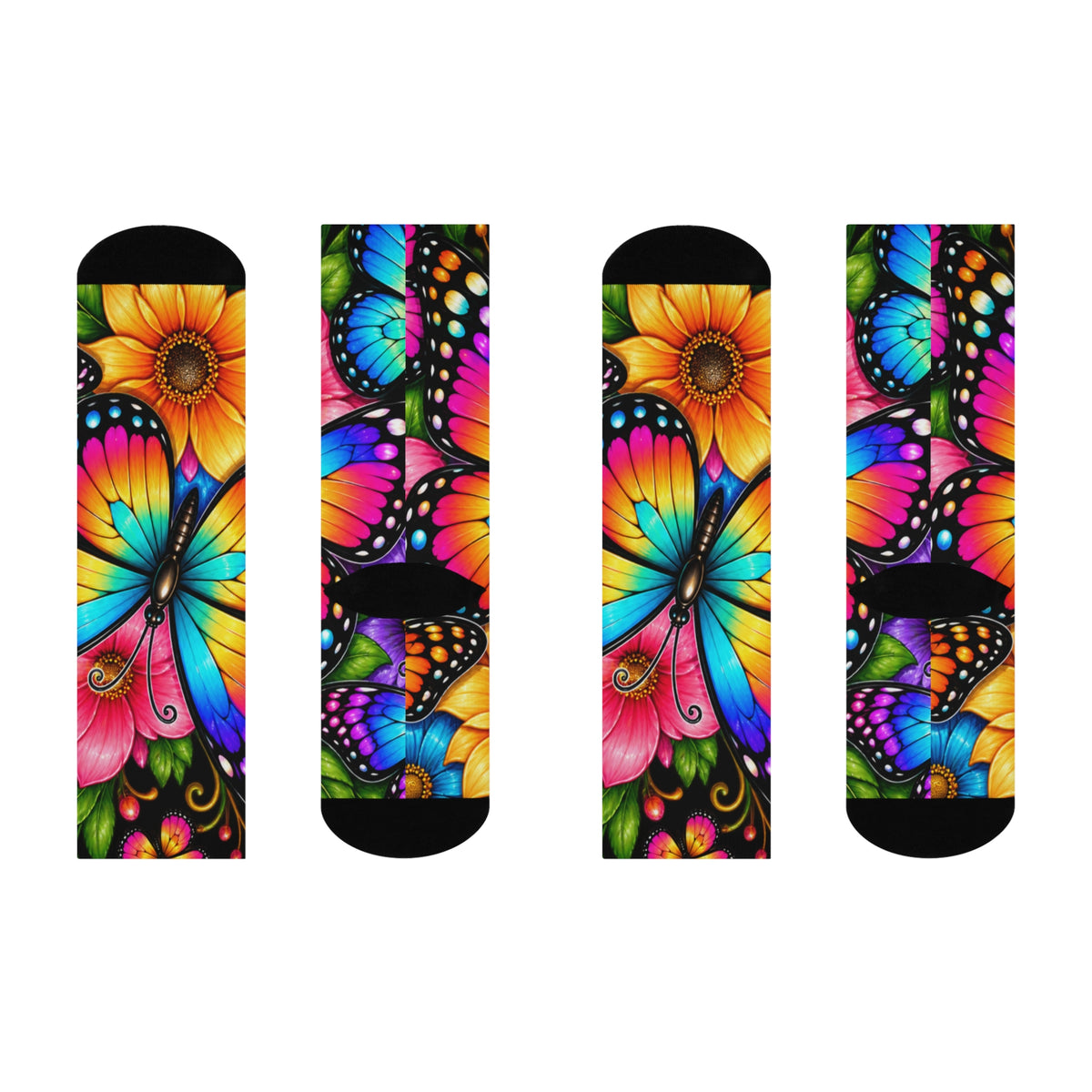 Colorful Butterfly Floral Crew Socks — Vibrant Rainbow Butterflies on Black