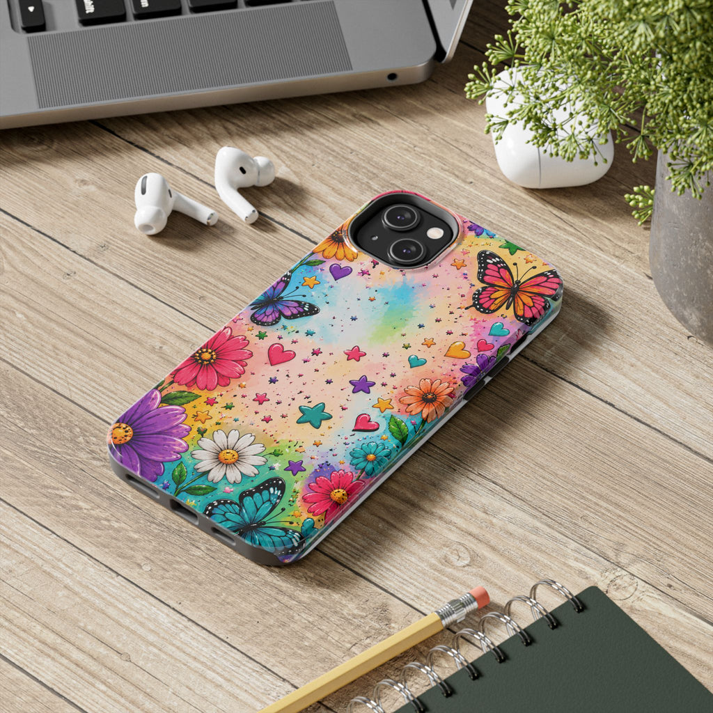 Colorful Butterflies and Flowers Tough Phone Case | Rainbow Hearts Stars