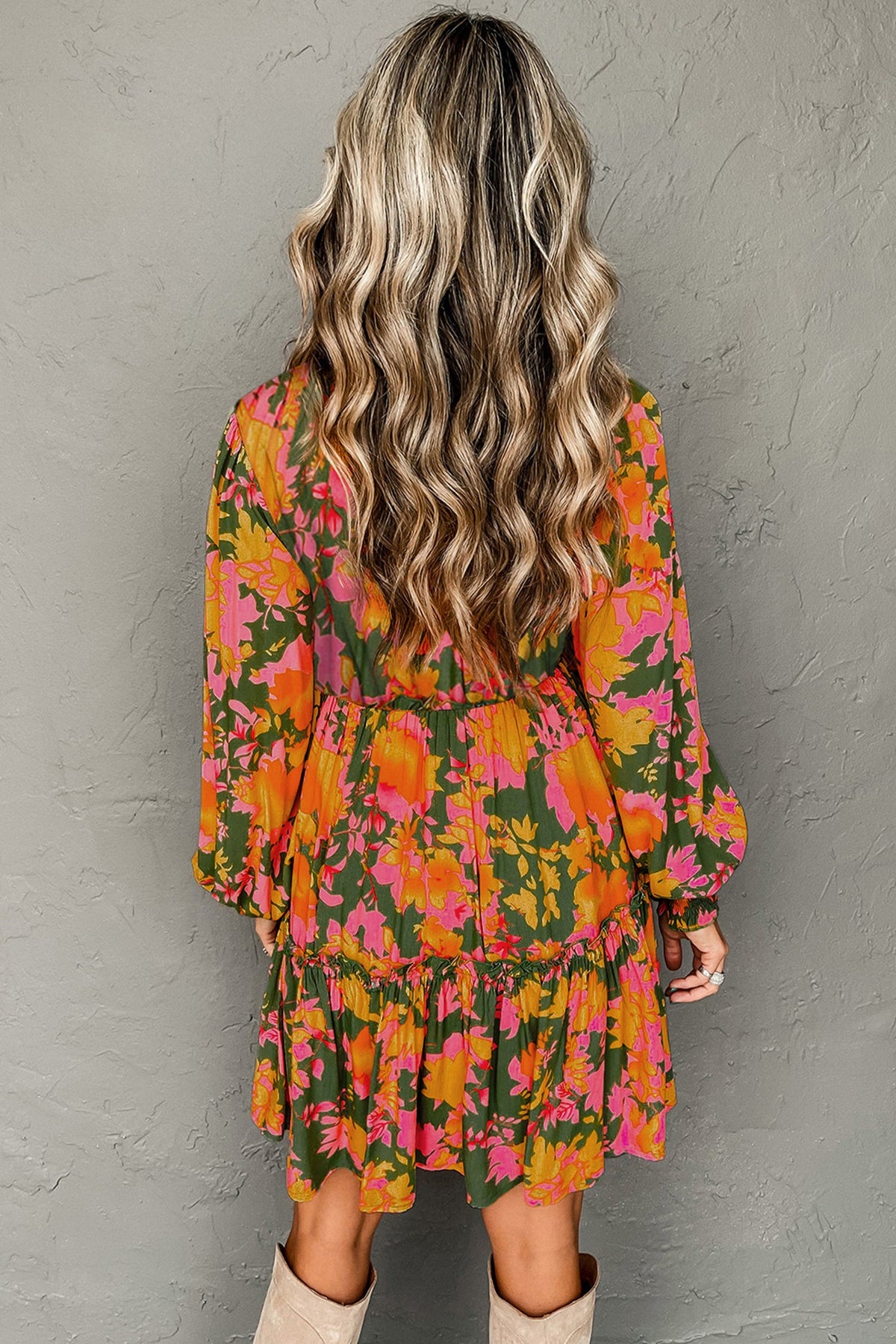 Floral Smocked Ruffle Hem Long Sleeve Mini Dress