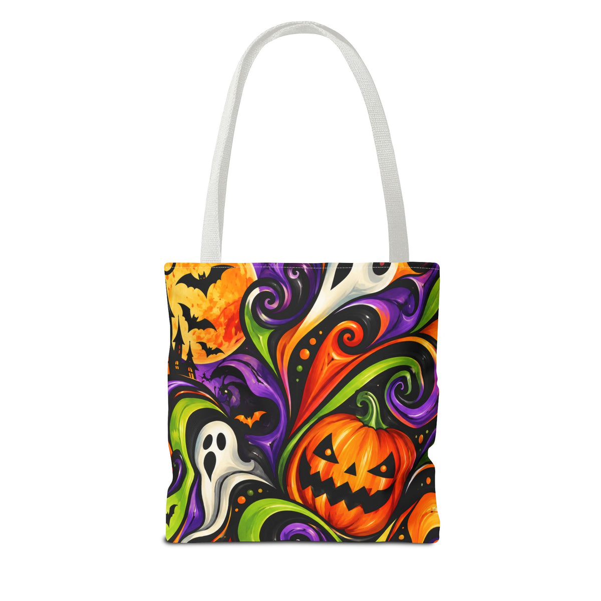 Halloween Swirl Tote Bag — Colorful Pumpkin & Ghost Trick-or-Treat Tote