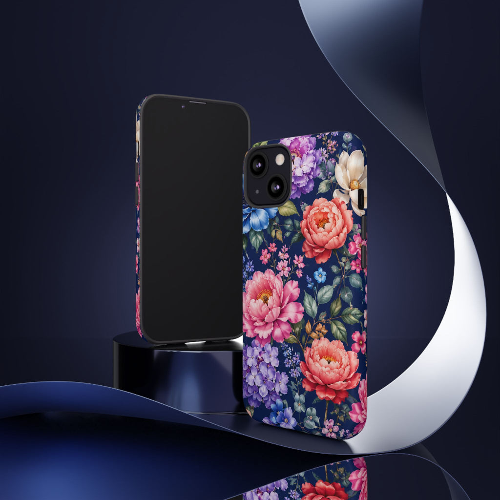 Floral Tough Phone Case – Vibrant Garden Flowers on Navy