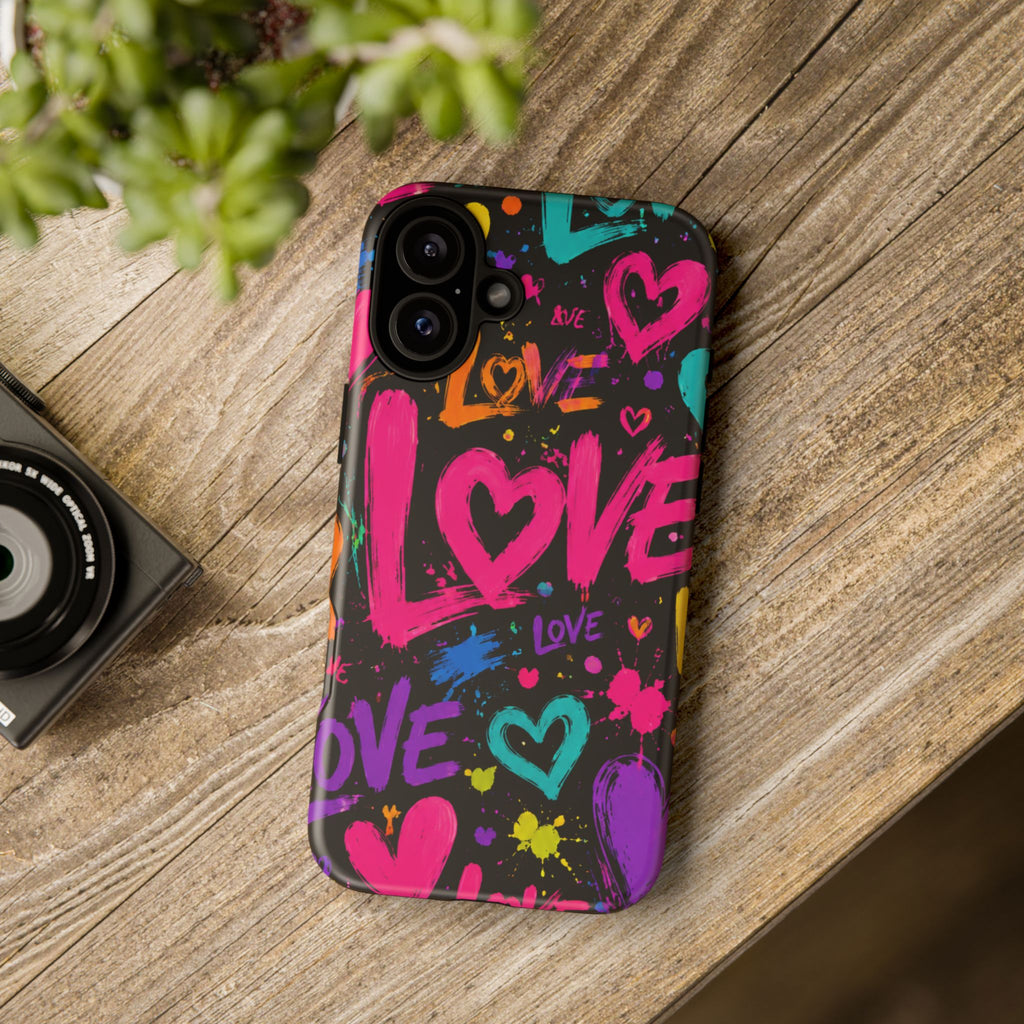 Phone Case — Neon Graffiti "Love" Hearts Protective Tough Case