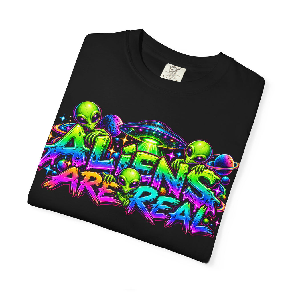 Aliens Are Real Graphic T-Shirt — Neon UFO Alien Tee