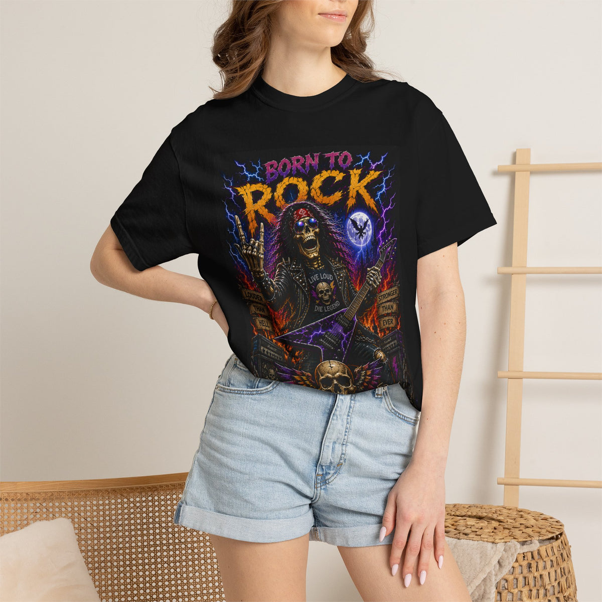 Born to Rock skeleton guitarist T-Shirt | Metal music tee