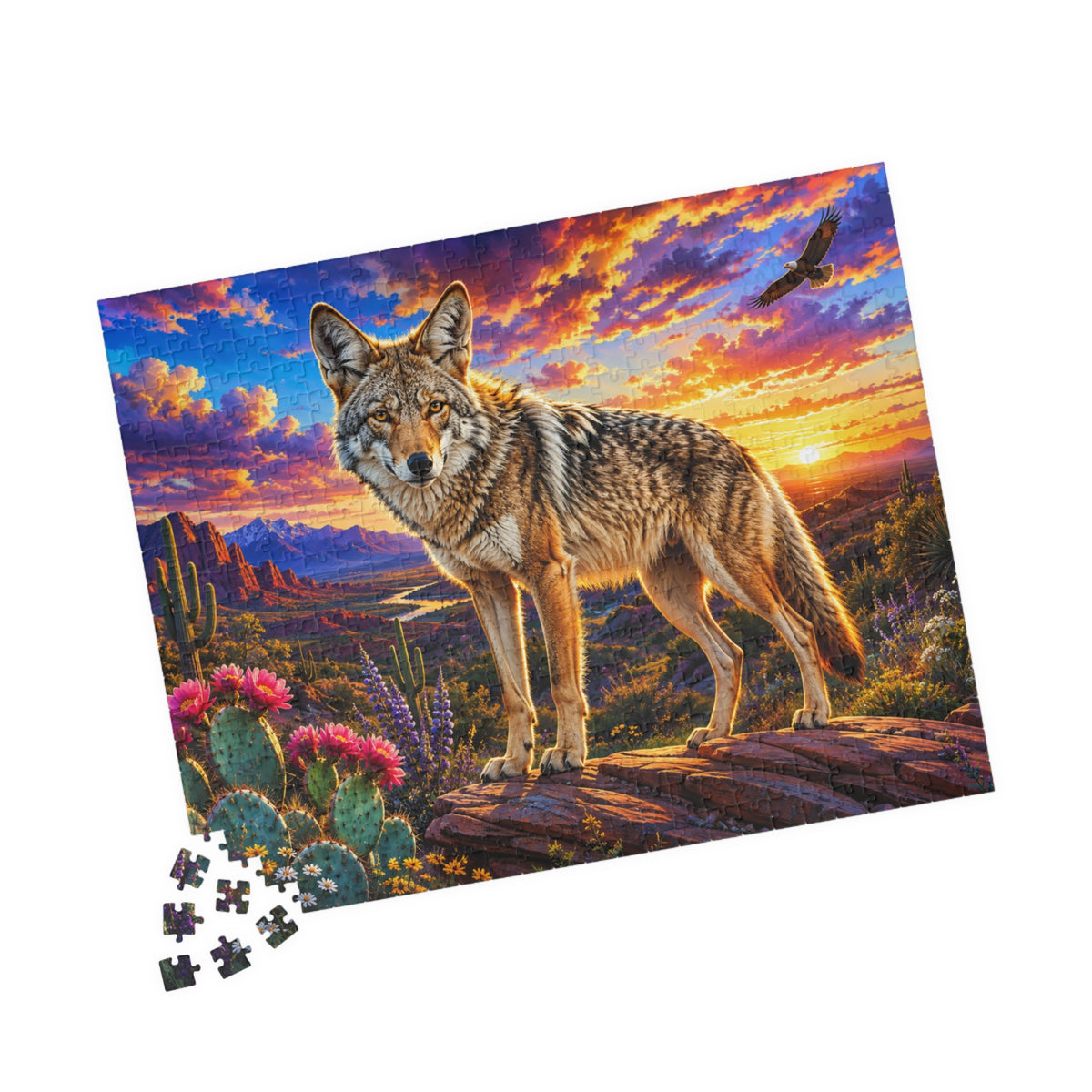 Coyote Sunset Landscape Puzzle — Desert Wildlife Jigsaw (110/252/520/1014 pcs)