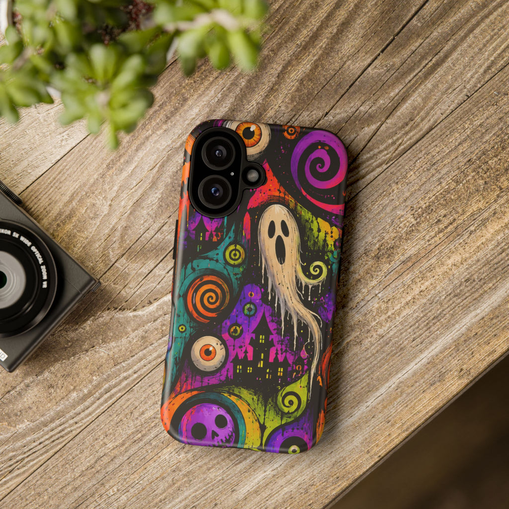 Halloween Ghost Phone Case — Colorful Spooky Skull & Haunted House Tough Case