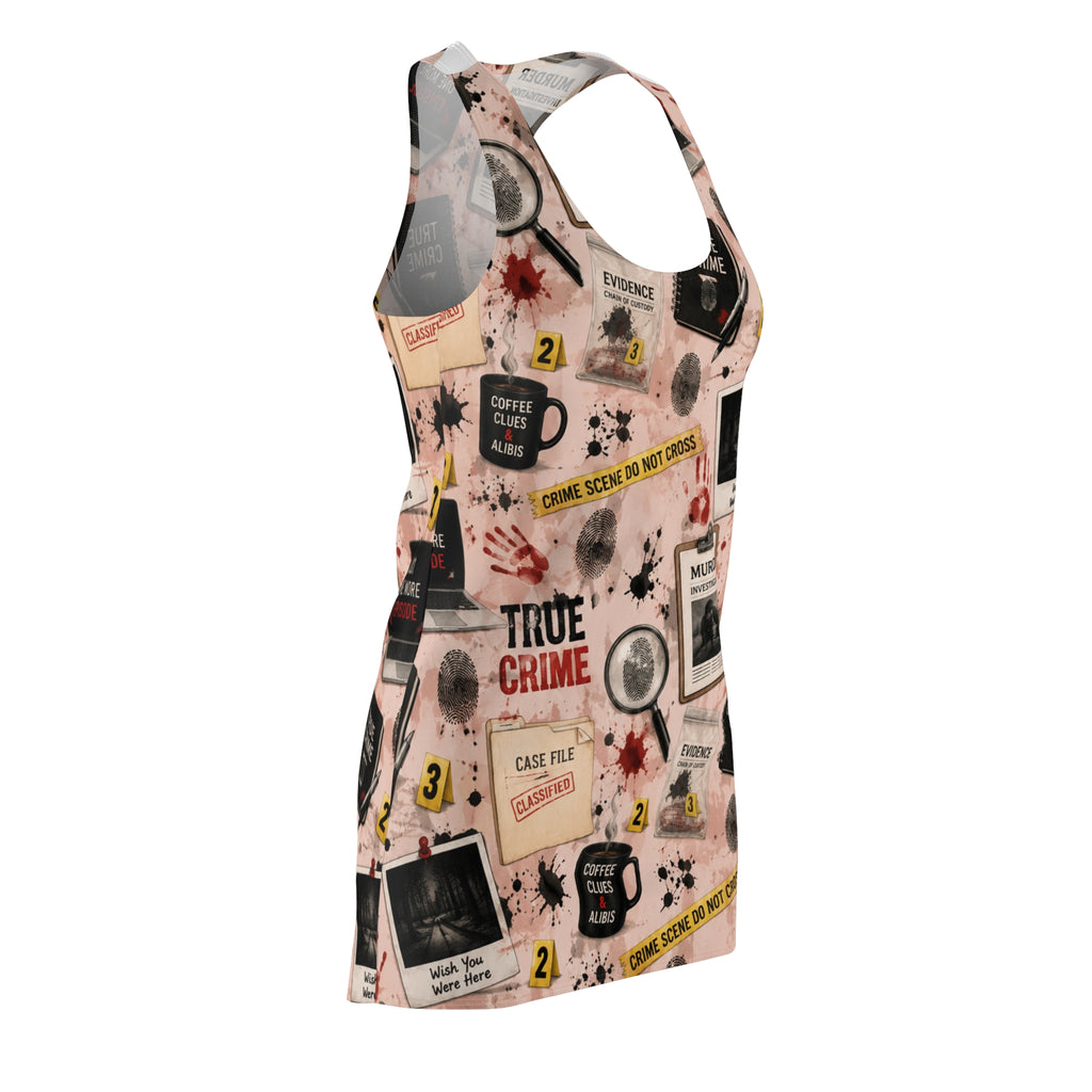 True Crime Racerback Dress — All-Over Print Detective & Evidence Pattern