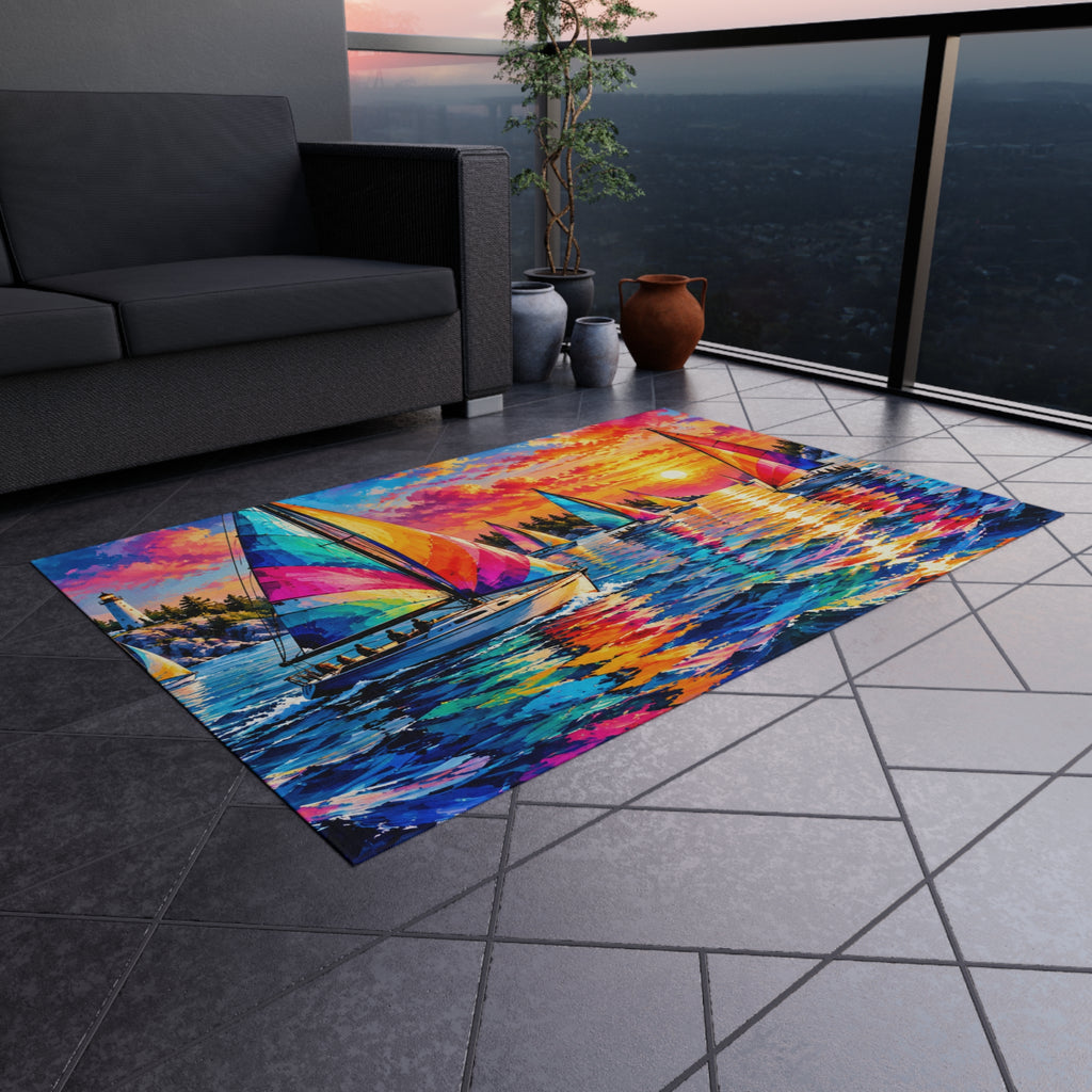 Sailboat Sunset Outdoor Rug — Colorful Nautical Patio Mat