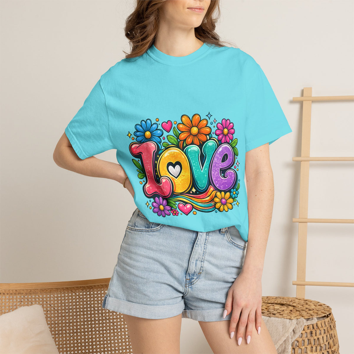 Retro Floral "Love" Design T-shirt | Colorful 70s Heart Typography