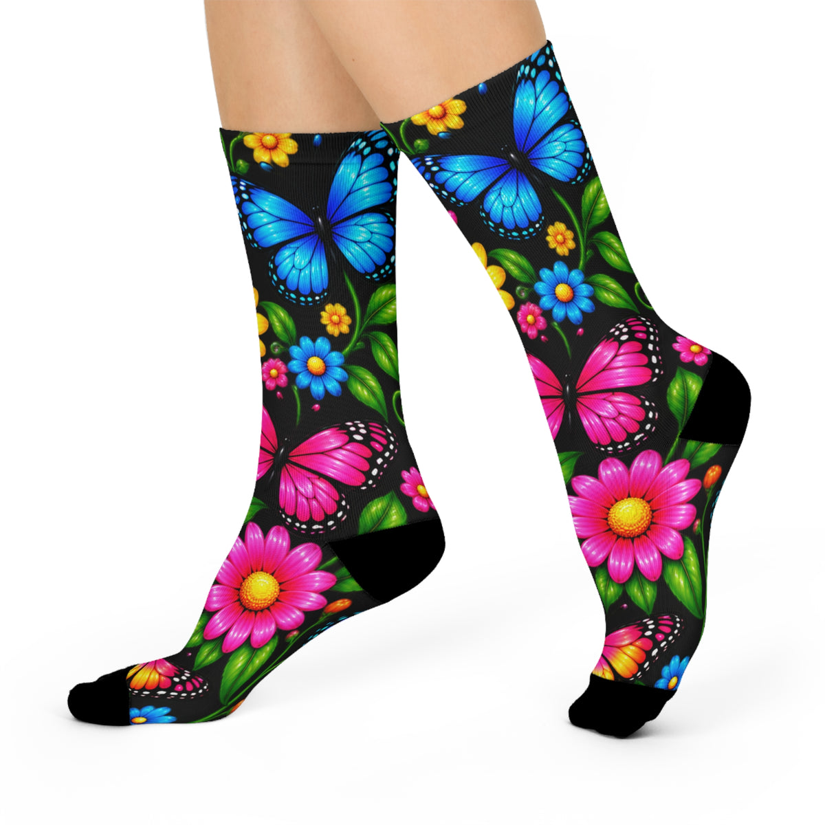 Butterfly Garden Cushioned Crew Socks — Colorful Floral Butterflies Comfort Socks
